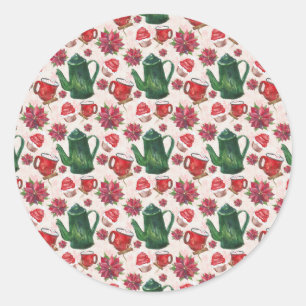 Pegatina Redonda fiesta de té navideño acuarela
