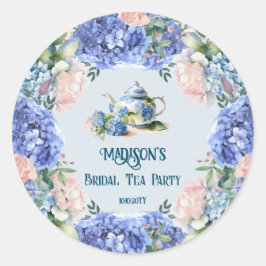 Pegatina Redonda Fiesta de té nupcial de Hortensias azules