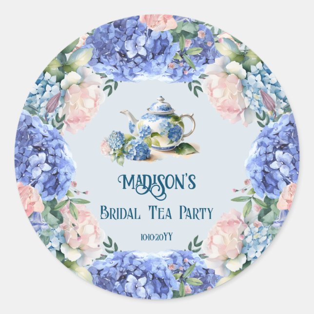 Pegatina Redonda Fiesta de té nupcial de Hortensias azules (Anverso)