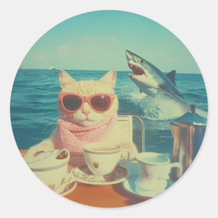 Pegatina Redonda Fiesta de té oceánico de un gato elegante