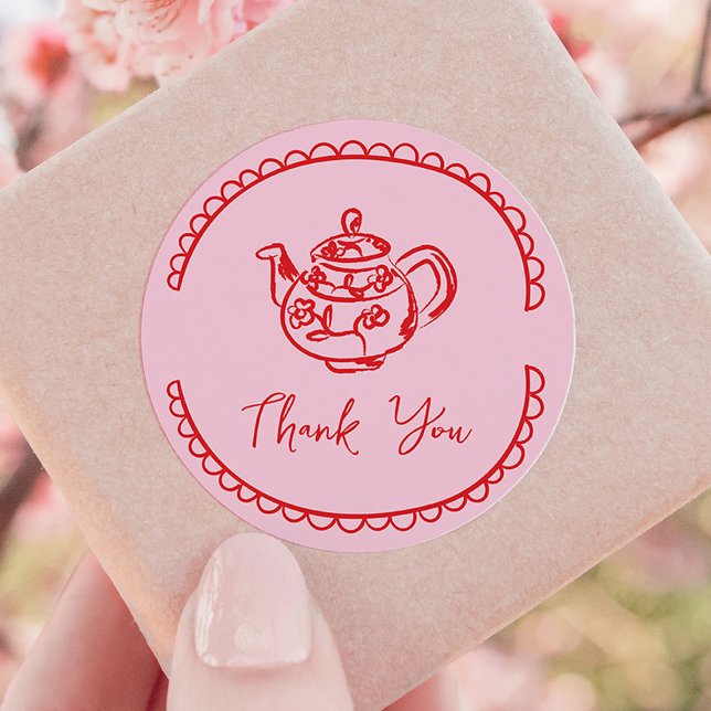 Pegatina Redonda Fiesta De Té Rosado Tea Pot Doodle Gracias Por Fav (pink and red hand-drawn scribble bridal shower thank you favour sticker)