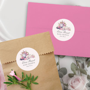 Pegatina Redonda Fiesta de té vintage rosas rosadas baby shower