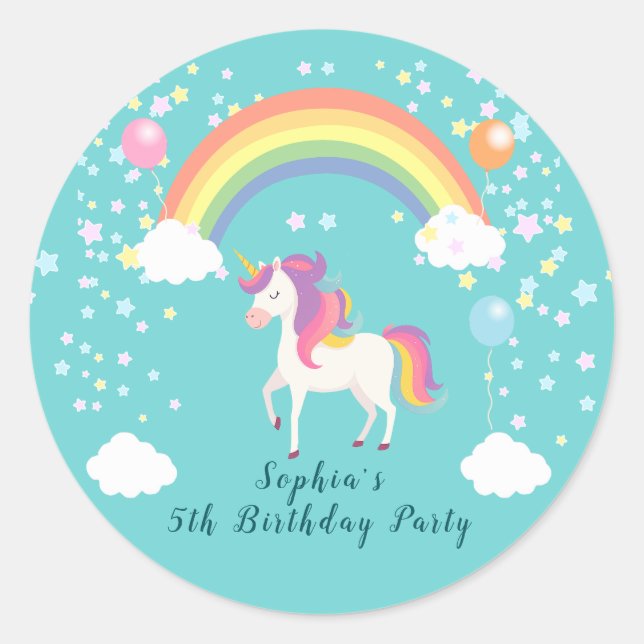 Pegatina Redonda Fiesta de Unicornio Caprichosa (Anverso)