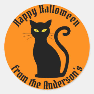 Pegatina Redonda Fiesta del feliz Halloween del gato negro