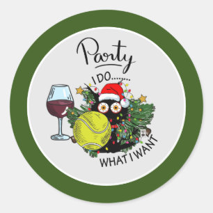 Pegatina Redonda Fiesta del gato del tenis Papá Noel ebrio Navidade