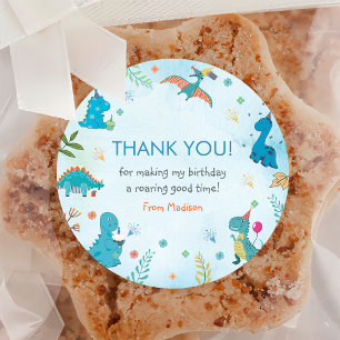 Pegatina Redonda Fiesta del primer cumpleaños de Cute Dinosaur