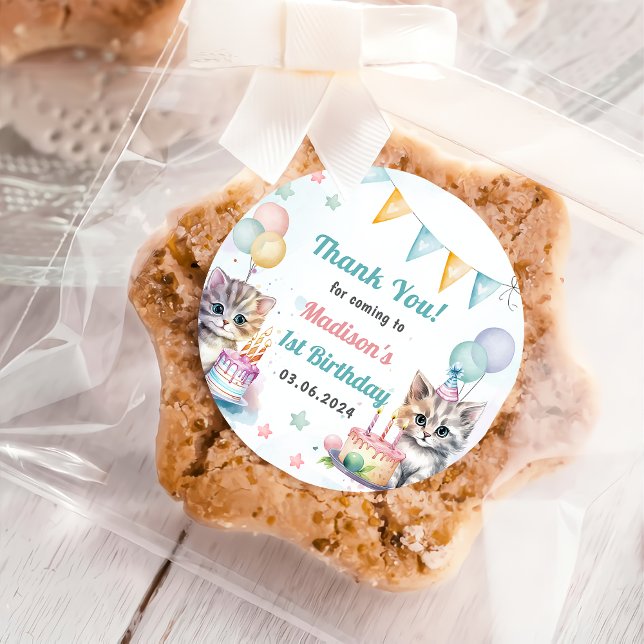 Pegatina Redonda Fiesta del primer cumpleaños de Cute Kitty Cat (Subido por el creador)