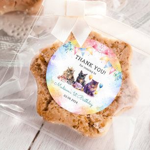 Pegatina Redonda Fiesta del primer cumpleaños de Cute Kitty Cat