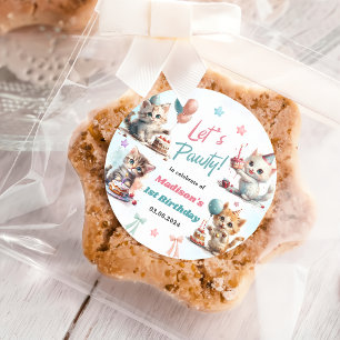 Pegatina Redonda Fiesta del primer cumpleaños de Cute Kitty Cat