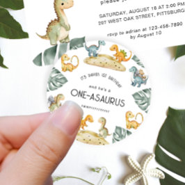 Pegatina Redonda Fiesta del primer cumpleaños de Dinosaur Oneasauru