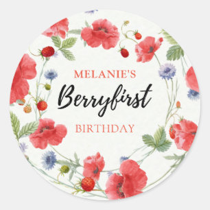 Pegatina Redonda Fiesta del primer cumpleaños de fresa   Berry Firs