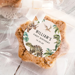 Pegatina Redonda Fiesta del primer cumpleaños de la dinosaurio acua