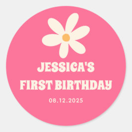 Pegatina Redonda Fiesta del primer cumpleaños de los niños rosados