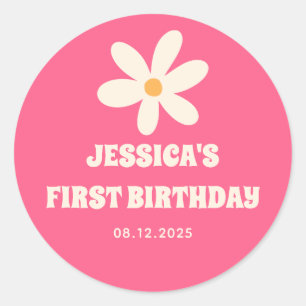 Pegatina Redonda Fiesta del primer cumpleaños de los niños rosados