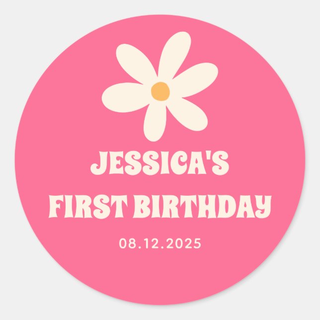 Pegatina Redonda Fiesta del primer cumpleaños de los niños rosados  (Anverso)