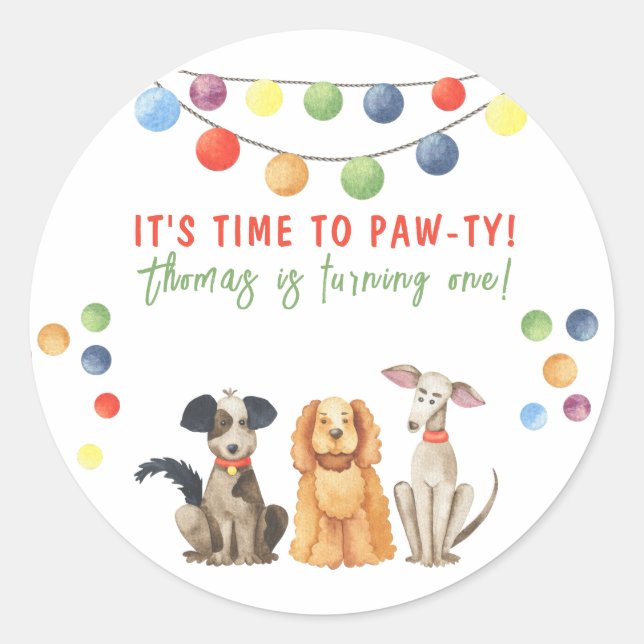 Pegatina Redonda Fiesta del primer cumpleaños del perro acuarela (Anverso)