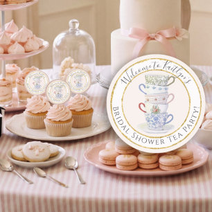 Pegatina Redonda Fiesta del Té de Boda con Estilo Acuarela de Patri