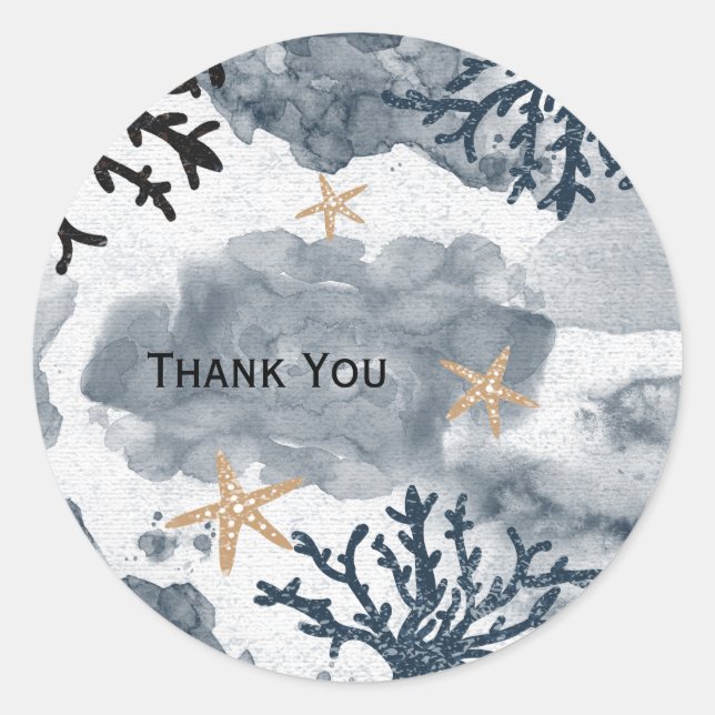 Pegatina Redonda Fiesta Elegante Acuarela Coral Náutico Azul (Anverso)