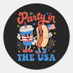 Pegatina Redonda Fiesta En Estados Unidos Refresco Lindo Y Hotdog P
