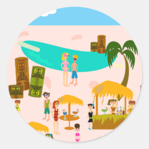 Pegatina Redonda Fiesta en la piscina maravillosa del jet set