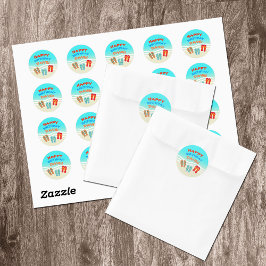 Pegatina Redonda Fiesta feliz de Birthday Beach personalizado