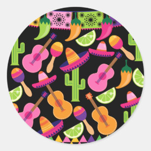 Pegatina Redonda Fiesta Fiesta Sombrero Cactus Limes Peppers Maraca