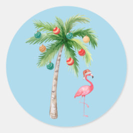 Pegatina Redonda Fiesta Flamingo del Árbol de Palma Tropical
