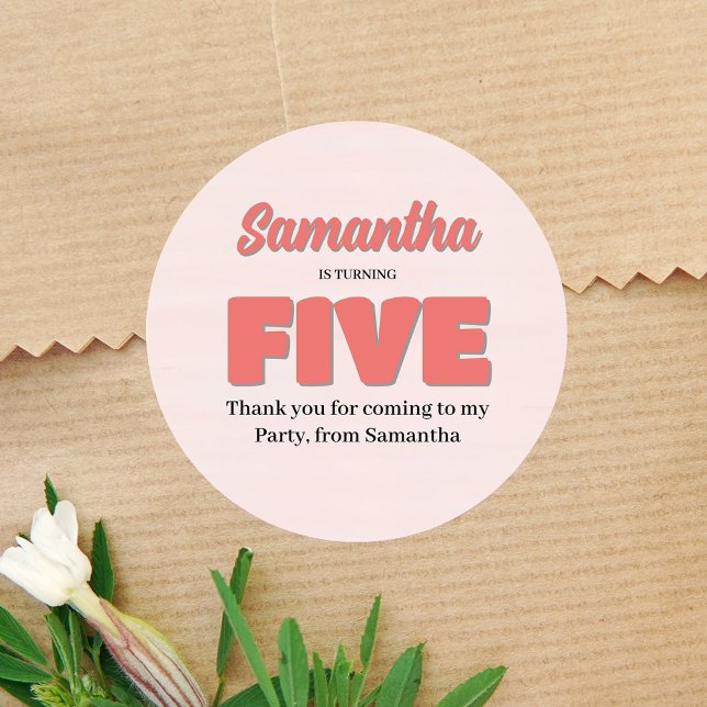 Pegatina Redonda Fiesta  Floral Chica de cumpleaños quinto rosado (Pink Fifth Birthday Party Custom Favor sticker)
