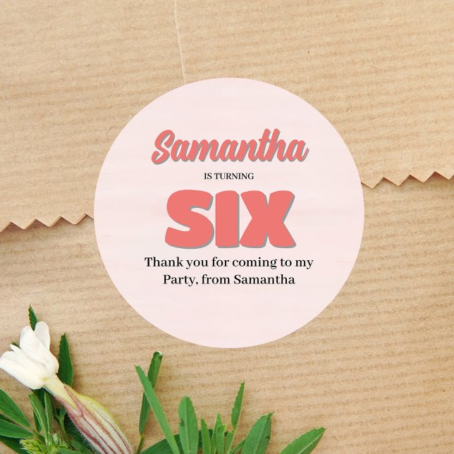 Pegatina Redonda Fiesta  Floral Chica de cumpleaños Sexto Rosa (Pink sixth birthday party favor sticker. )
