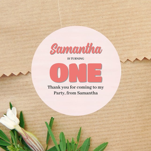 Pegatina Redonda Fiesta  Floral Chica de primer cumpleaños rosa (First Birthday Party Pink Custom Sticker)