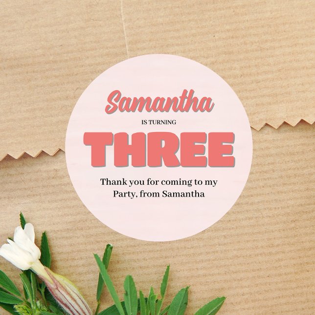 Pegatina Redonda Fiesta  Floral Chica de tercer cumpleaños rosa (Pink third birthday party favor sticker)