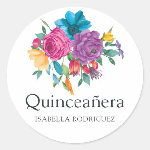 Pegatina Redonda Fiesta Floral de Acuarela Quinceañera