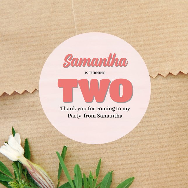 Pegatina Redonda Fiesta  Floral de Chica de cumpleaños segundo rosa (Pink second birthday party custom favor stickers. )