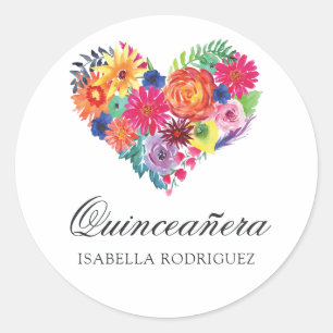 Pegatina Redonda Fiesta floral de quinceañera en acuarela