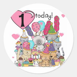 Pegatina Redonda Fiesta Gatitos Primer Camisetas de Cumpleaños y Re