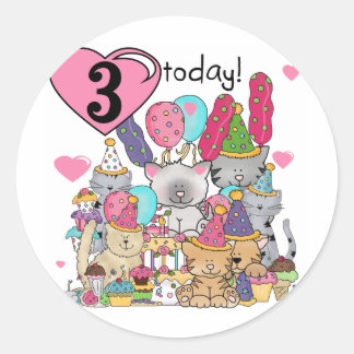 Pegatina Redonda Fiesta Gatitos Tercer cumpleaños camisetas y regal