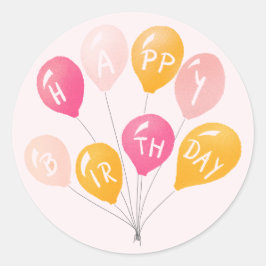 Pegatina Redonda Fiesta Globos Niño Amarillo Rosa Feliz cumpleaños