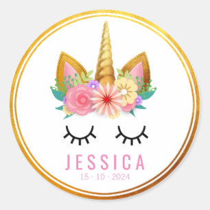Pegatina Redonda Fiesta Gold Floral Unicorn