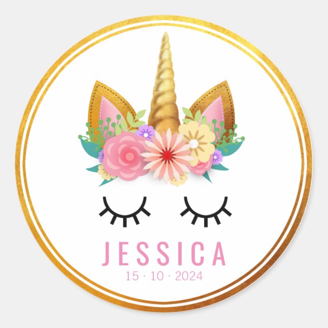 Pegatina Redonda Fiesta Gold Floral Unicorn (Anverso)