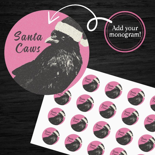 Pegatina Redonda Fiesta gótica amarre crujiente crowmas rosado y ne (Unique, memorable Christmas card seals with a crow wearing a Santa Hat. Customize with your initials)