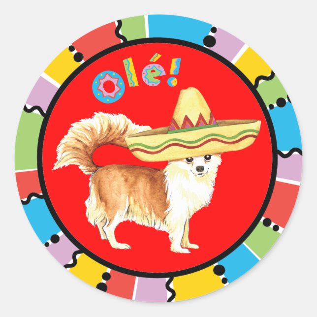 Pegatina Redonda Fiesta Long Coat Chihuahua (Anverso)