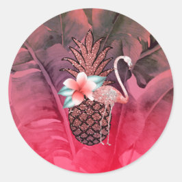 Pegatina Redonda Fiesta Luau de Piña Tropical Brillante Rosa