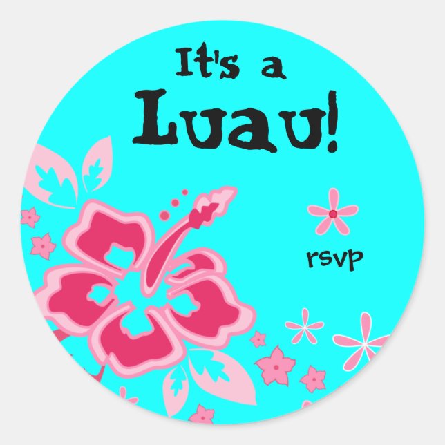 Pegatina Redonda Fiesta Luau Pegatinas RSVP Hibiscus Azul rosa (Anverso)
