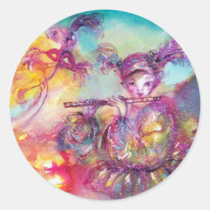 Pegatina Redonda FIESTA MASQUERADE, Máscaras Mardi Gras, Danza, Mús