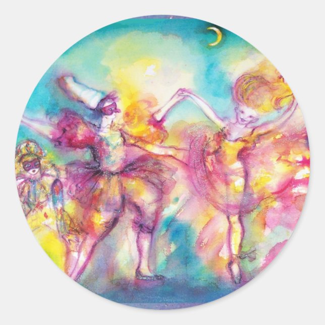 Pegatina Redonda FIESTA MASQUERADE, Máscaras Mardi Gras, Danza, Mús (Anverso)