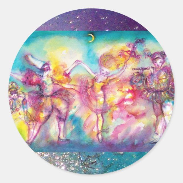 Pegatina Redonda FIESTA MASQUERADE, Máscaras Mardi Gras, Danza, Mús (Anverso)