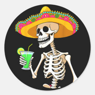 Pegatina Redonda fiesta mexicana esqueleto sombrero cinco de