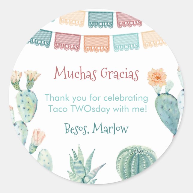 Pegatina Redonda Fiesta Mexicana Taco TWOsday THREE-esta Gracias (Anverso)
