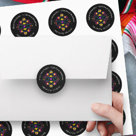 Pegatina Redonda Fiesta mexicano de Fiesta Flores Dirección Negra