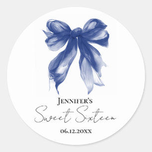 Pegatina Redonda Fiesta Navy Bow Coquette Script Dulces 16 